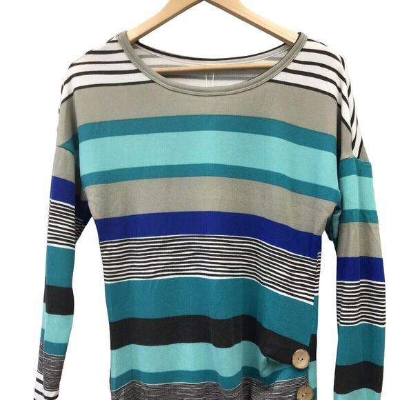 Muhadrs Sweater Womens Small Striped Gray White Black Green Blue - Picture 2 of 8